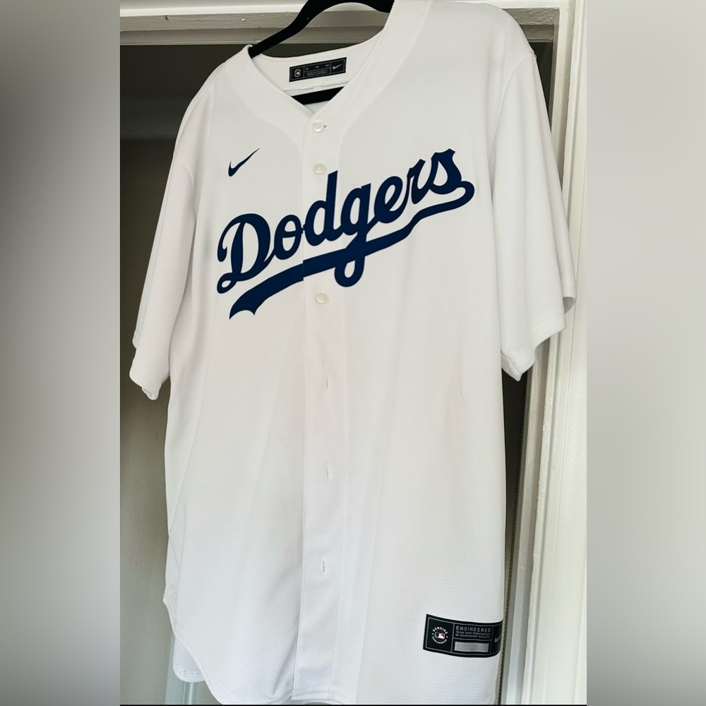 Nike White and Blue LA Dodger Cody Bellinger Jersey.